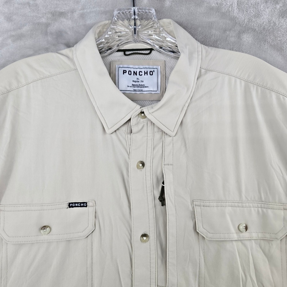 Poncho Fishing Shirt Men XL Beige Short Sleeve Magnetic Pockets Regular Fit